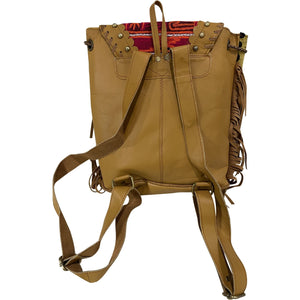 Tan Leather Vintage Fabric Backpack w Fringe