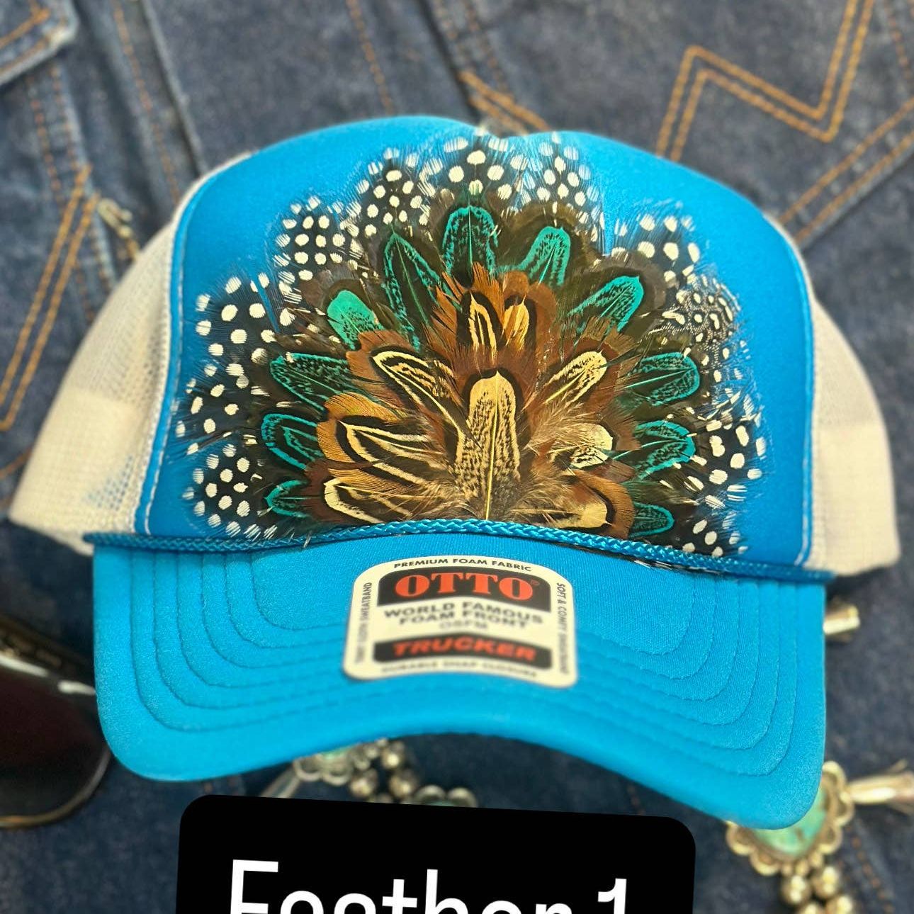BLUE AND WHITE FEATHER TRUCKER HAT