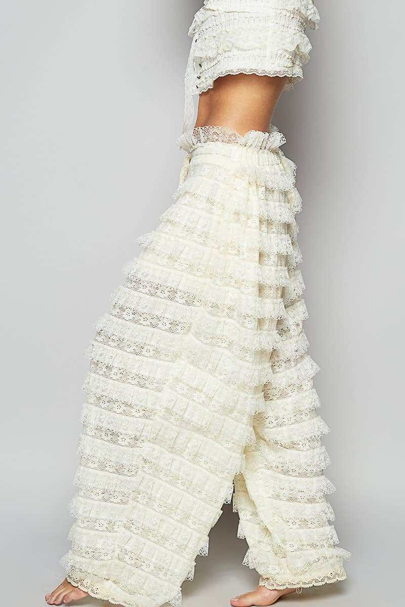 Solid lace trim detail woven wide pants