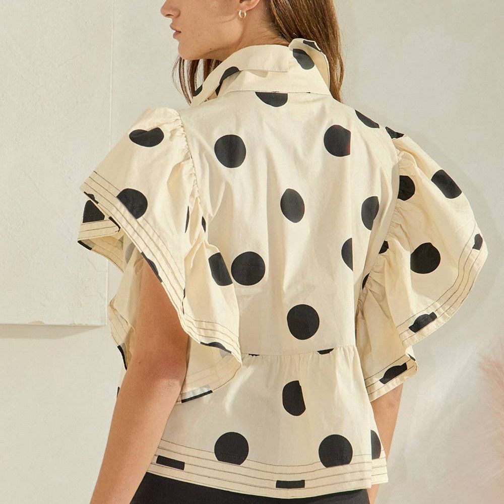 Ruffle Sleeves Pintuck Detail Polka Dot Print top