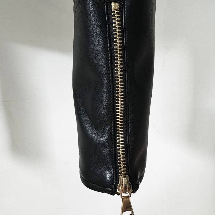 Double-Breasted Cropped Leather Motorcycle Jacket