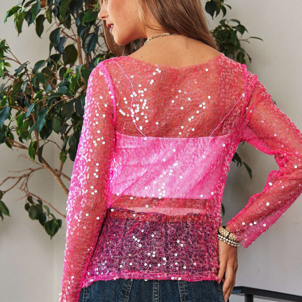 GLITTER SEQUIN LUREX LONG SLEEVE LACE MESH TOP