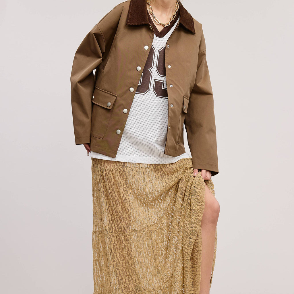 Barn Jacket with Corduroy Collar and Snap Pockets
