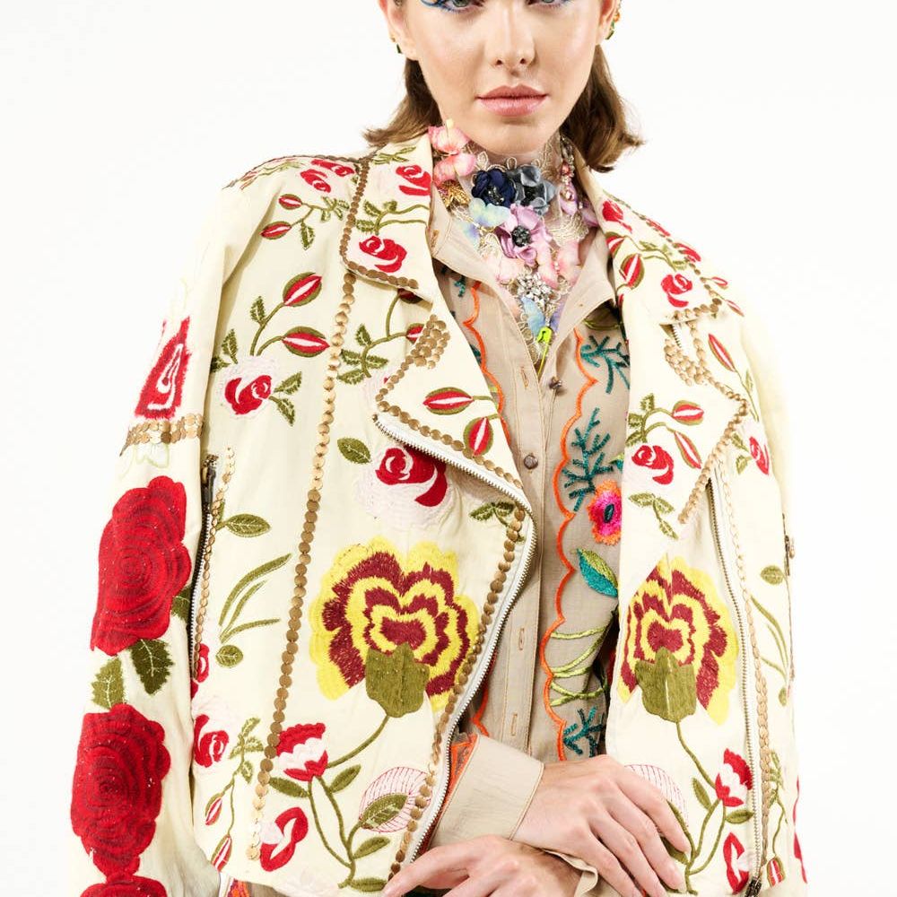 Carmen Embroidered Denim Motorcycle Jacket