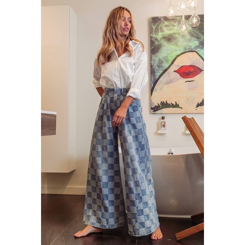 WASHED TWO TONE CHECKER WIDE PANTS
