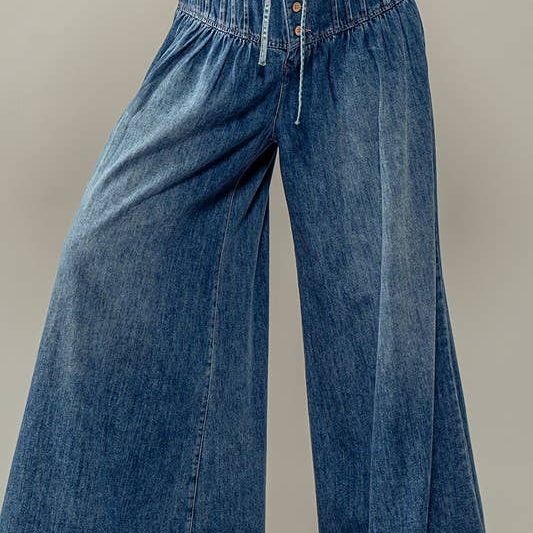 Pleated Wide-Leg Button Closure Pants