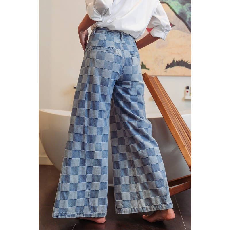 WASHED TWO TONE CHECKER WIDE PANTS