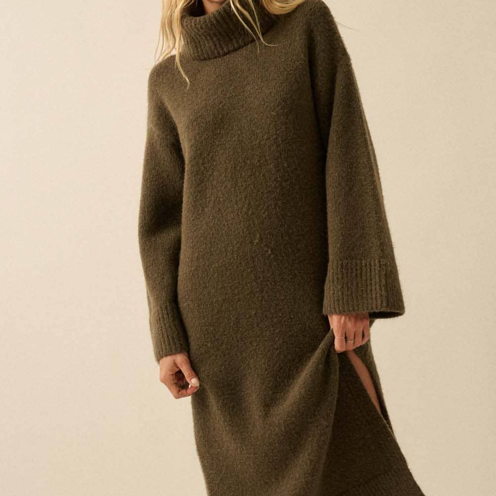 Solid Felted Knit Cowl-Neck Midi Sweater Dress