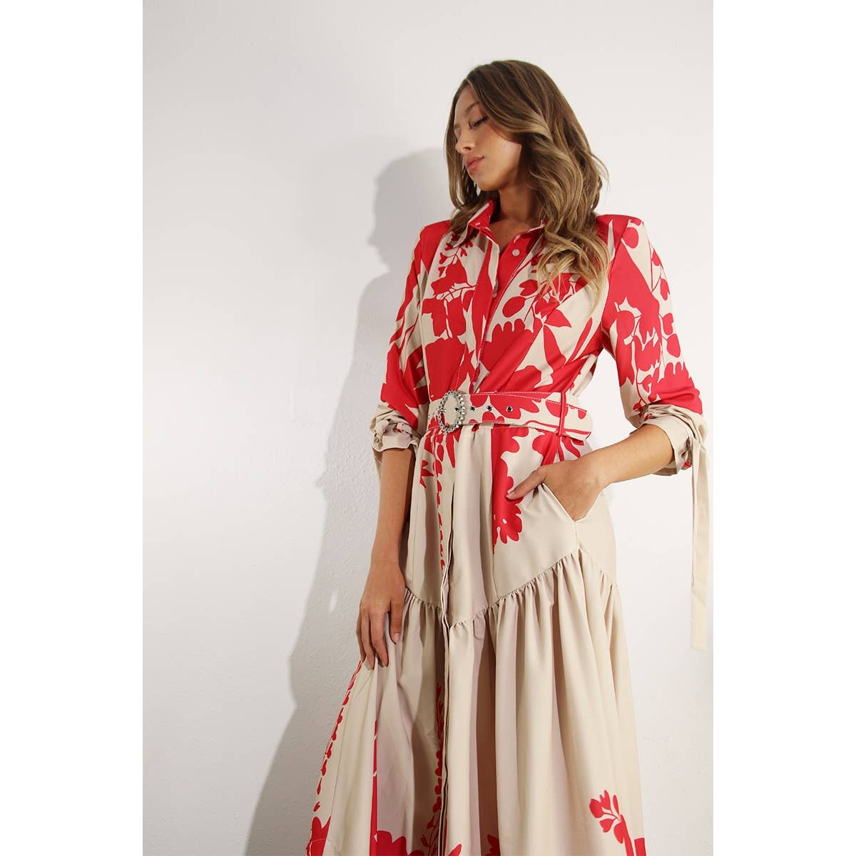 Print Uneven Belted Long Dress