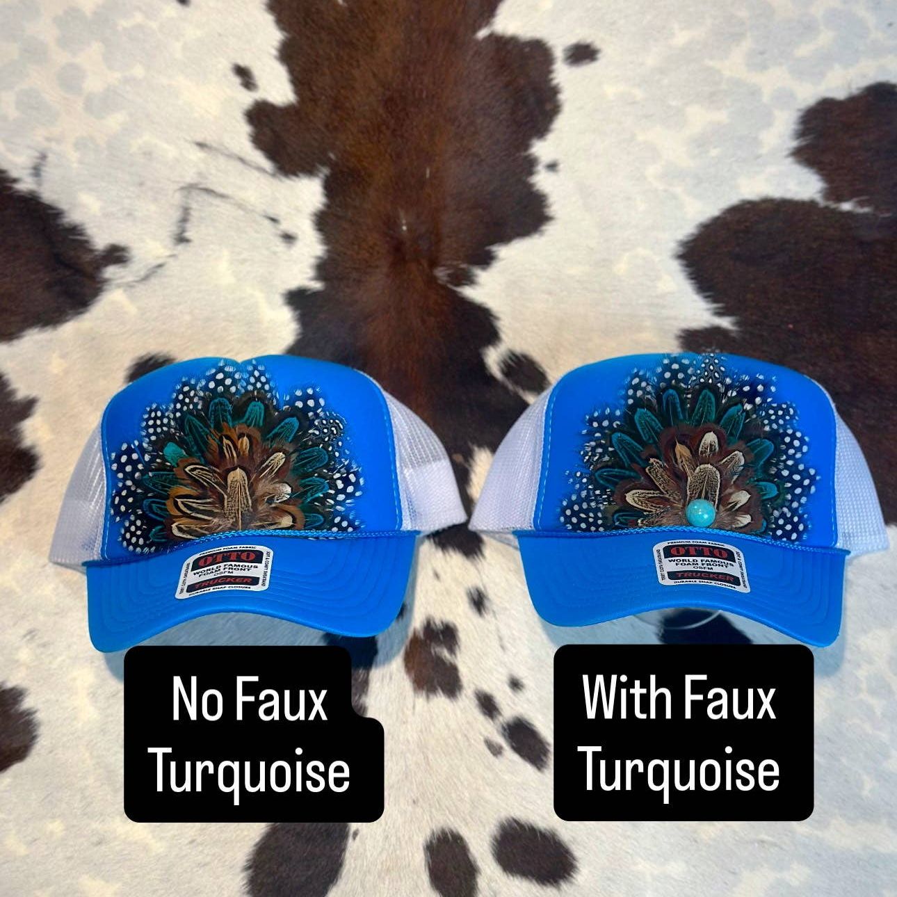 BLUE AND WHITE FEATHER TRUCKER HAT