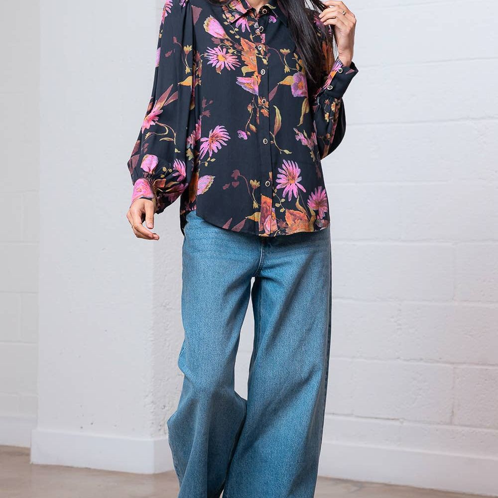 FLORAL PRINT LONG SLEEVE BUTTON DOWN TOP