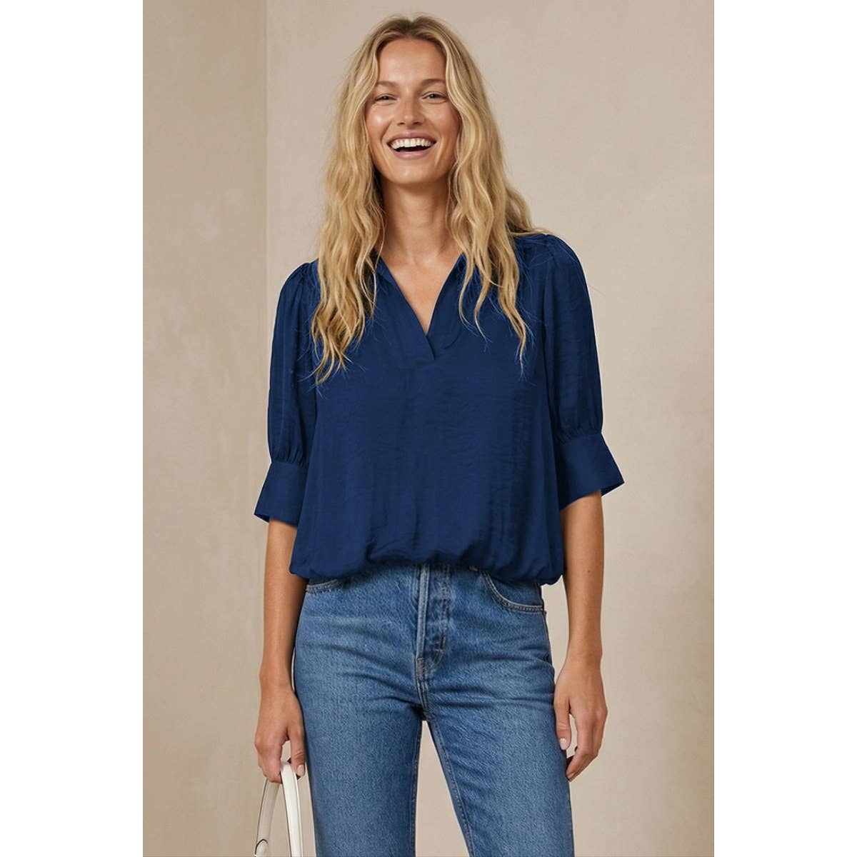 Naked Zebra high-low bubble-hem blouse on model