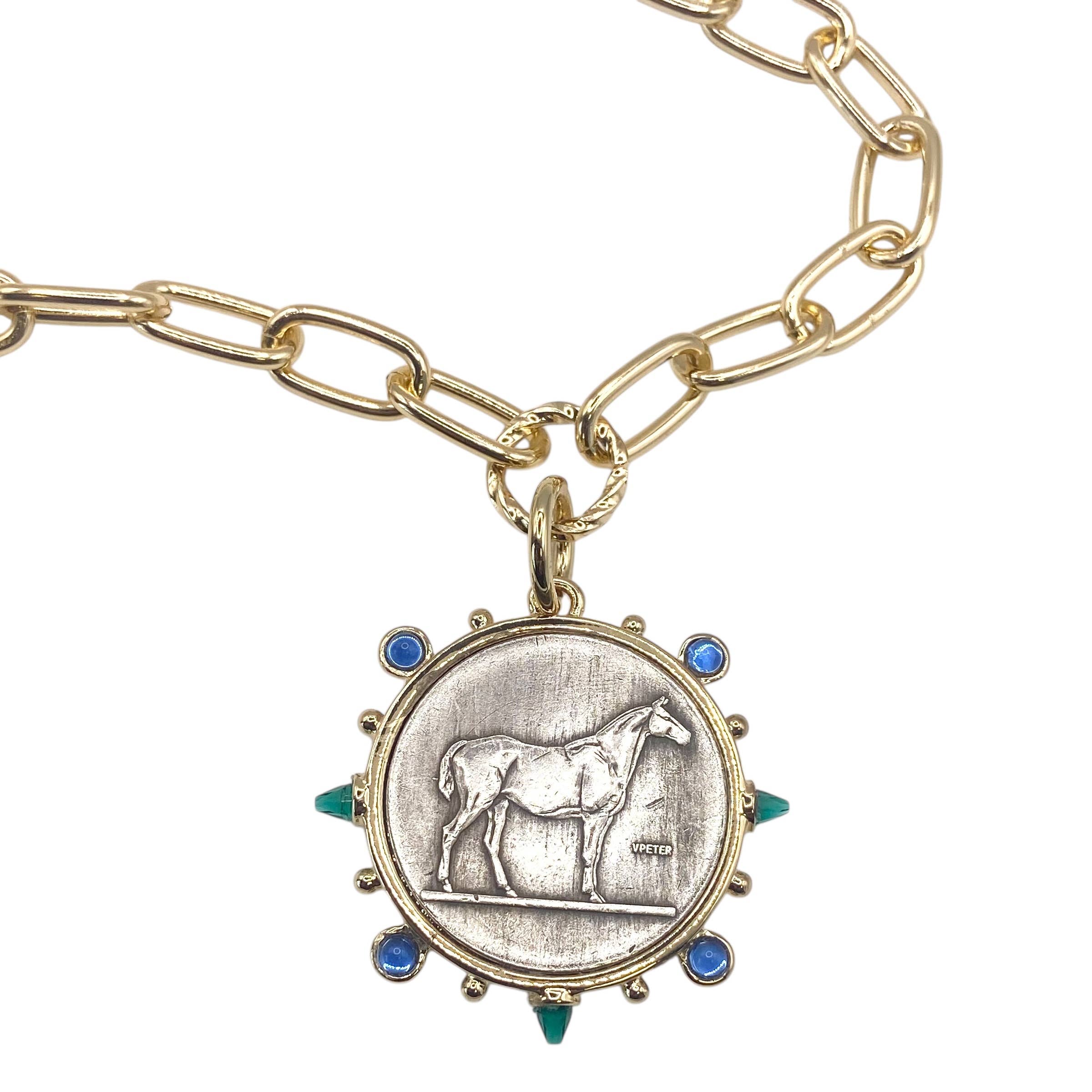 Equestrian horse coin medallion western emerald sapphire  