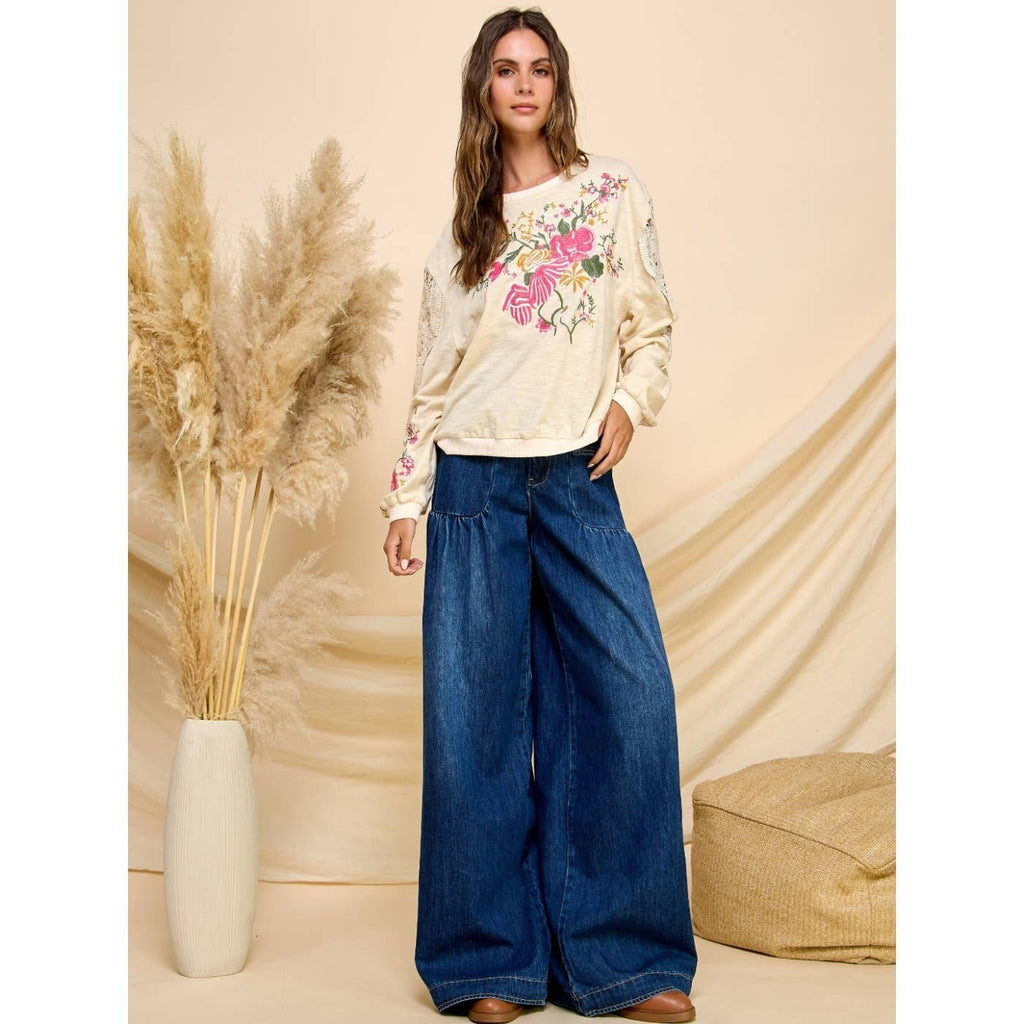Ankle Drawstring Wide Denim Pants