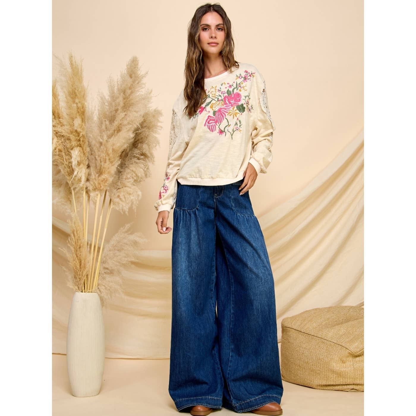 Ankle Drawstring Wide Denim Pants