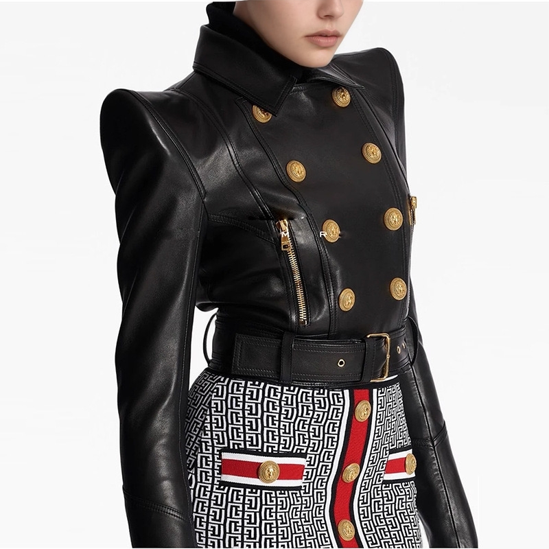 Double-Breasted Cropped Leather Motorcycle Jacket