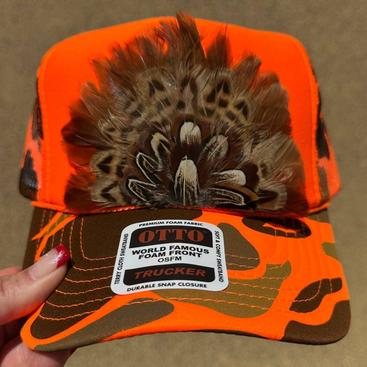 ORANGE CAMO CAMOUFLAGE FEATHER TRUCKER HAT