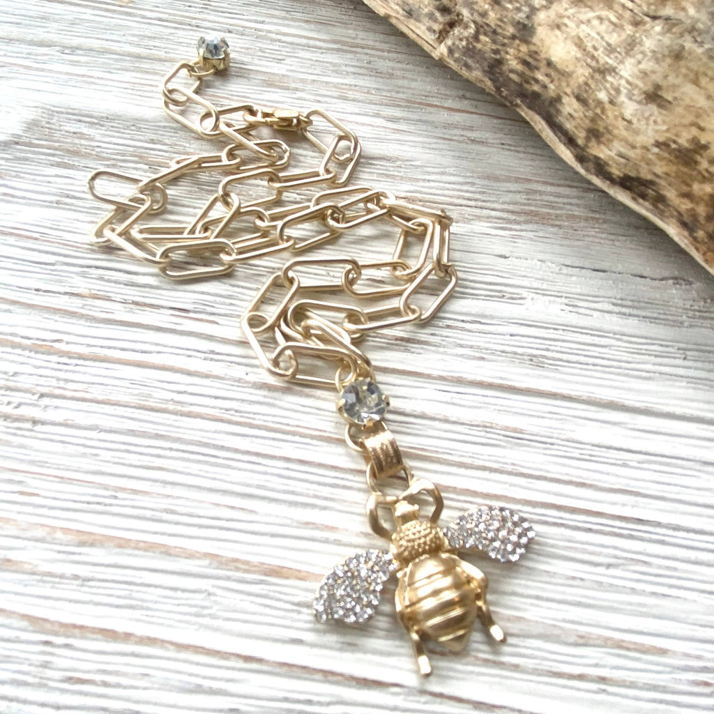 Bee Crystal Necklace Matte Gold Boutique Salon Jewelry