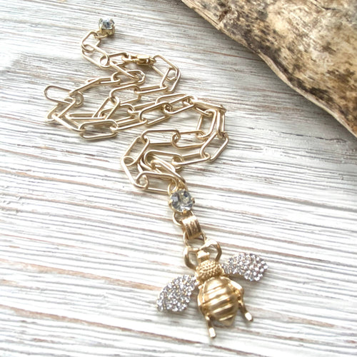 Bee Crystal Necklace Matte Gold Boutique Salon Jewelry