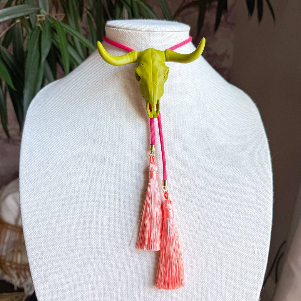 Longhorn Bolo Olive Green with Hot Pink & Peach