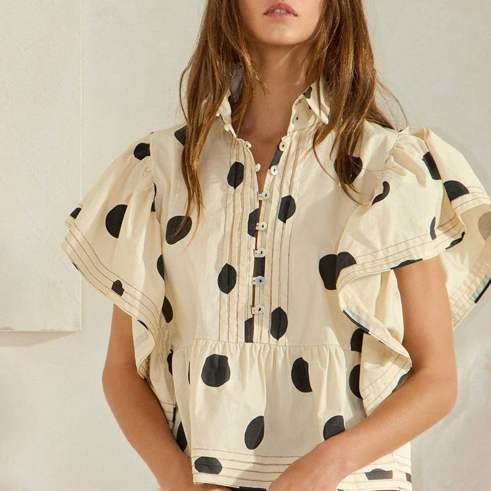 Ruffle Sleeves Pintuck Detail Polka Dot Print top