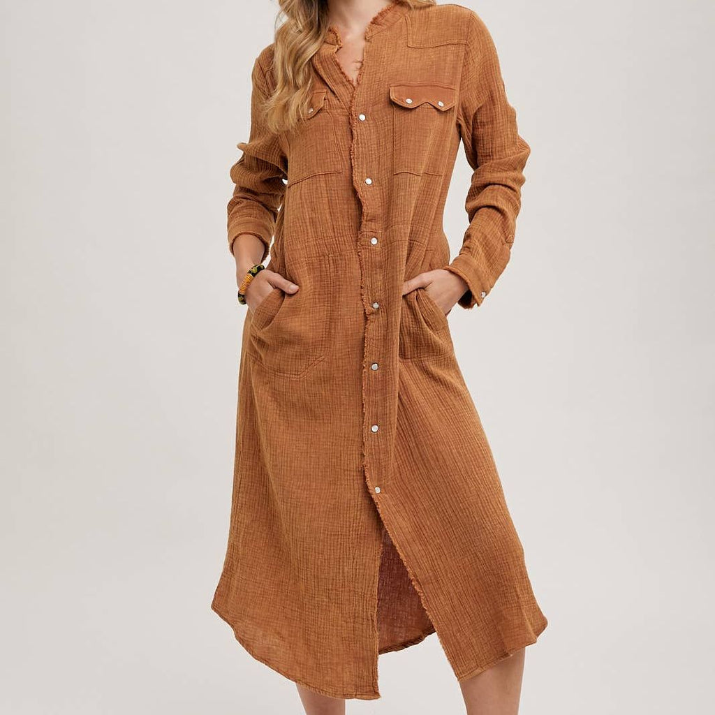 WASHED DENIM MIDI BUTTON DOWN SHIRT DRESS