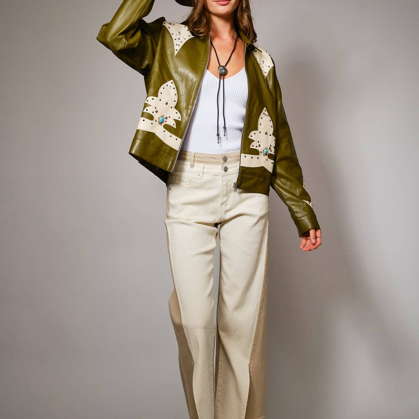 Faux Leather Studded Oversized Zip-Up Jacket