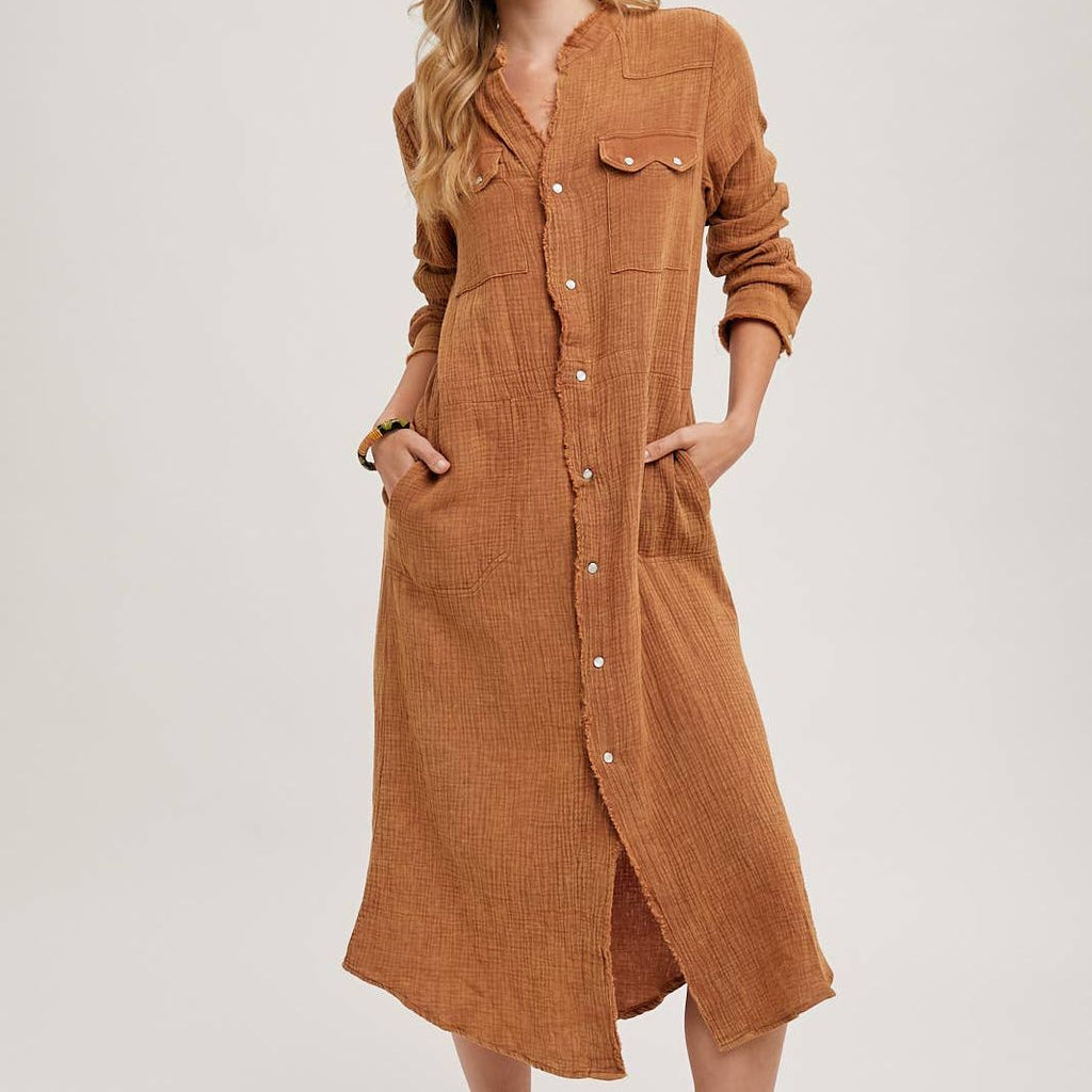 WASHED DENIM MIDI BUTTON DOWN SHIRT DRESS