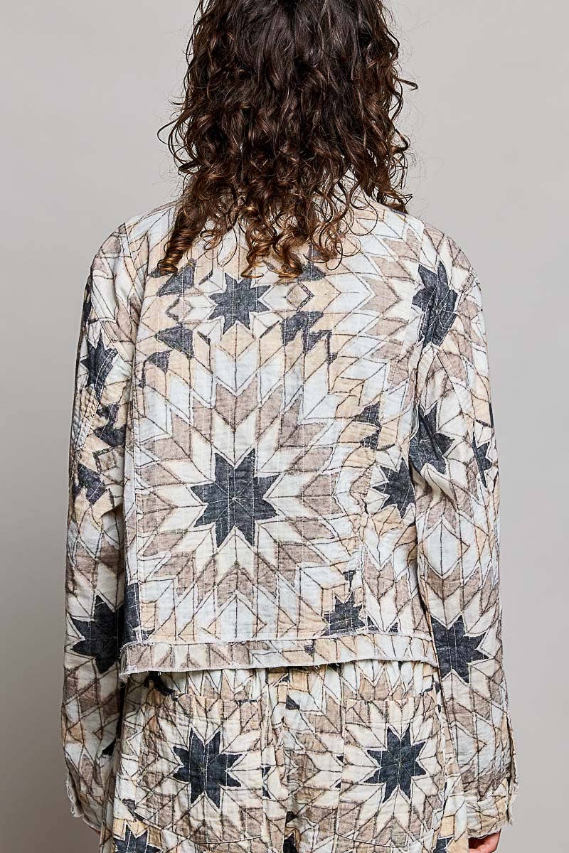 Geometric Star Wide Long Sleeve Quilted Stitch Woven Jacket