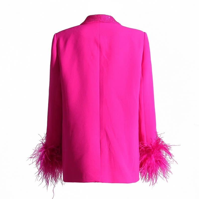 Hot Pink Diamond Feather Slim Fit Blazer