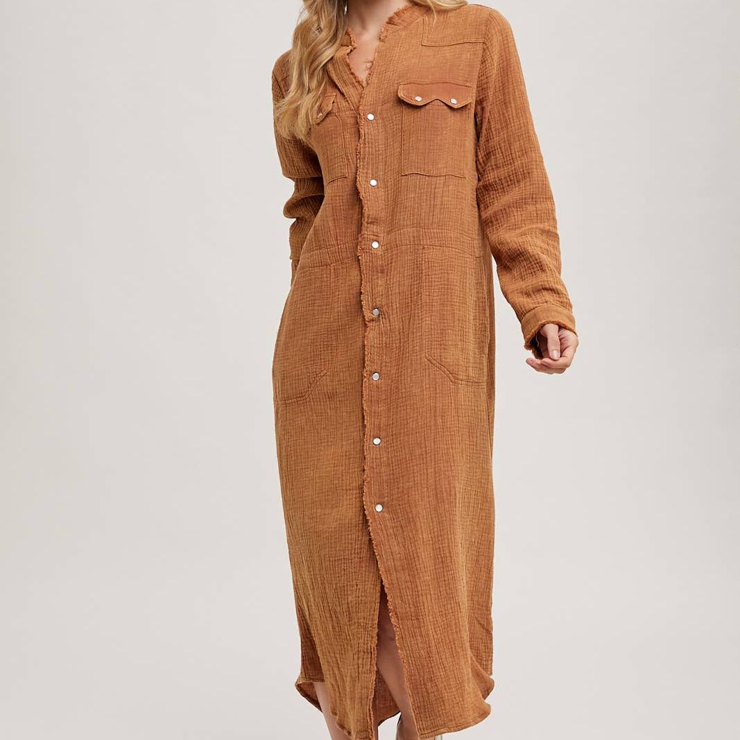 WASHED DENIM MIDI BUTTON DOWN SHIRT DRESS