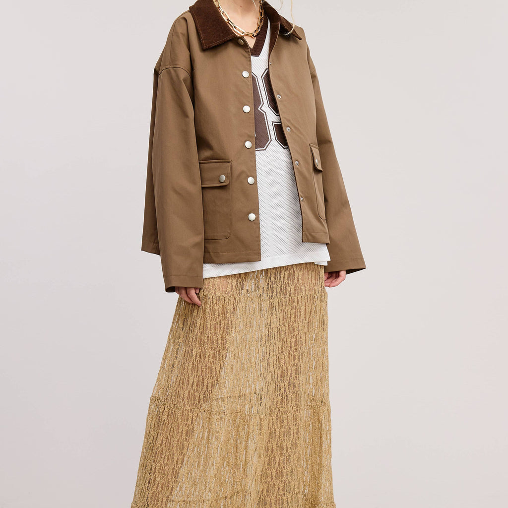 Barn Jacket with Corduroy Collar and Snap Pockets