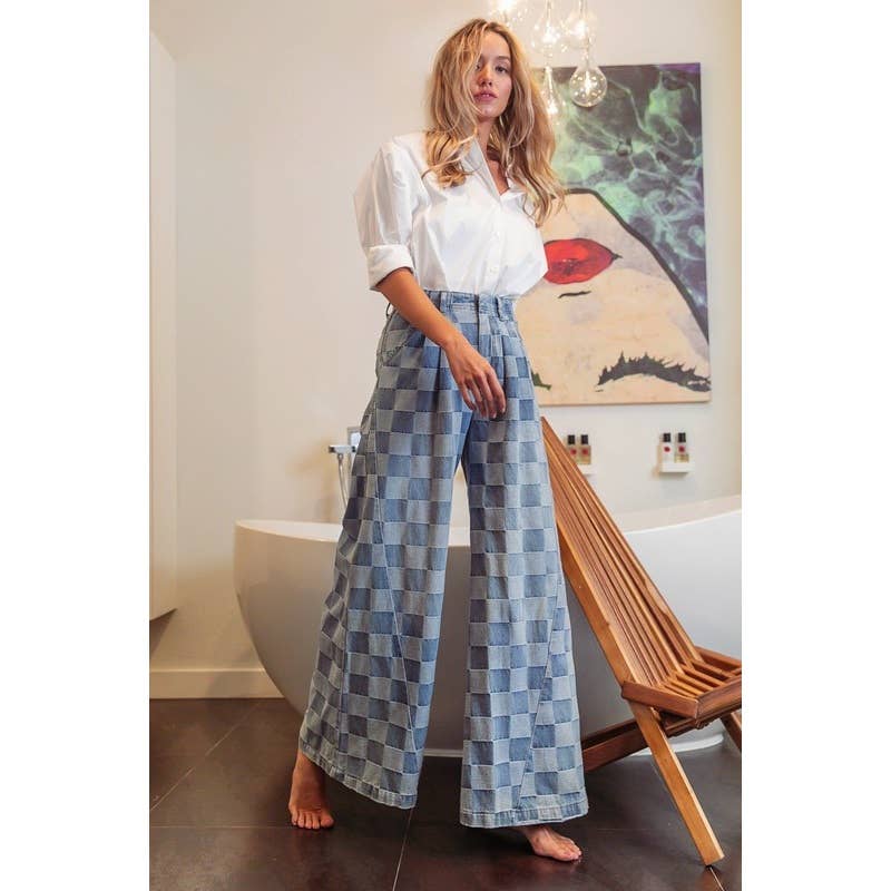 WASHED TWO TONE CHECKER WIDE PANTS
