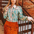 Plus Cream Teal Western Aztec Puff Sleeve Button Down Shirt