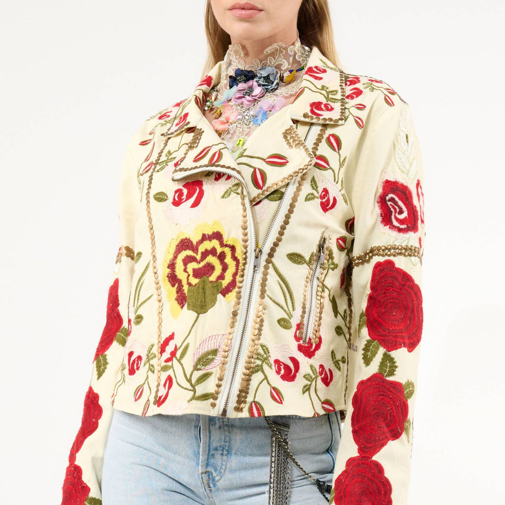 Carmen Embroidered Denim Motorcycle Jacket