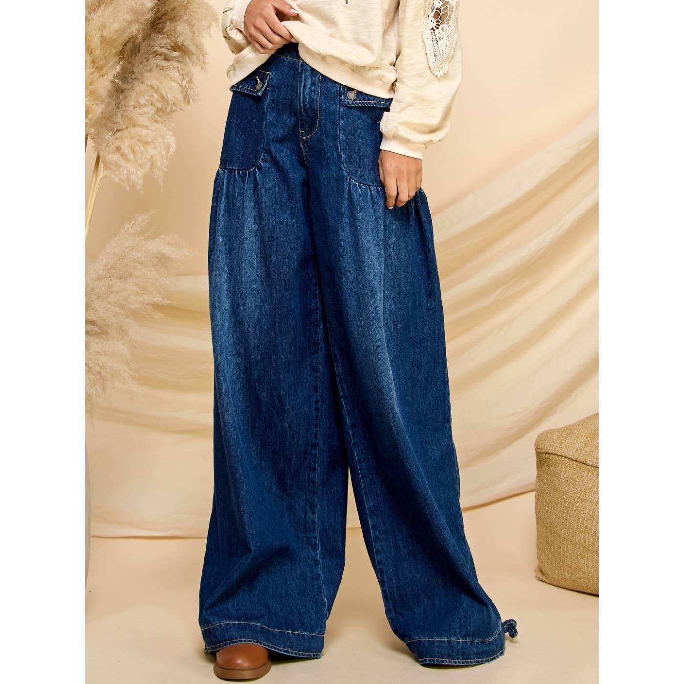 Ankle Drawstring Wide Denim Pants
