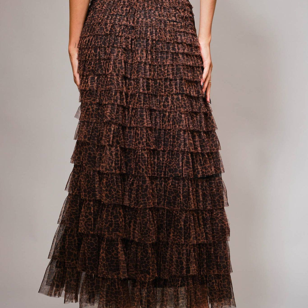High Waist Elastic Tiered Ruffle A-Line Maxi Skirt