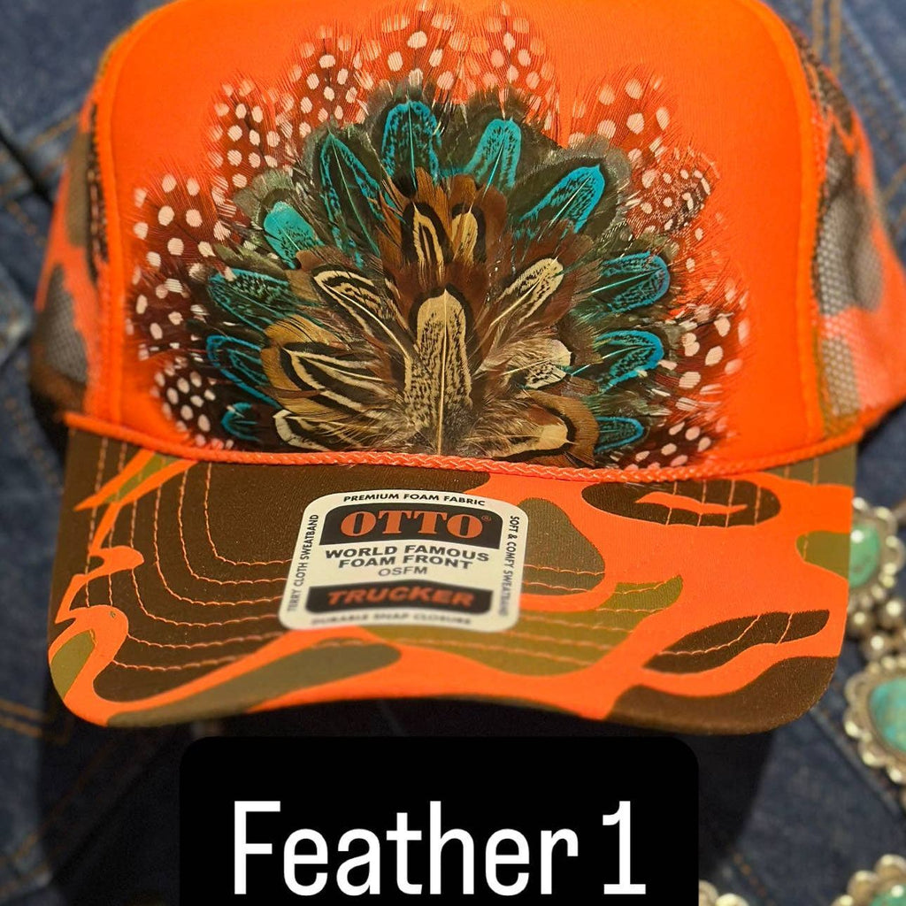 ORANGE CAMO CAMOUFLAGE FEATHER TRUCKER HAT
