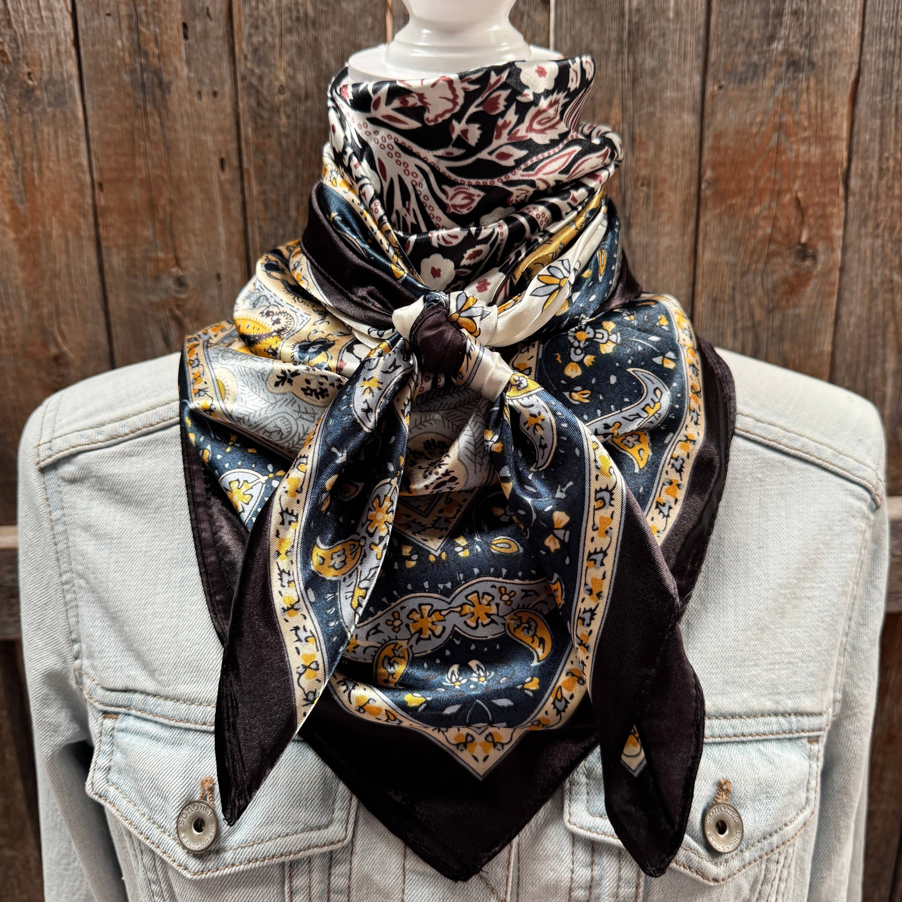 35X35" Black, Blue and Gold Floral Wild Rag / Scarf WR3455