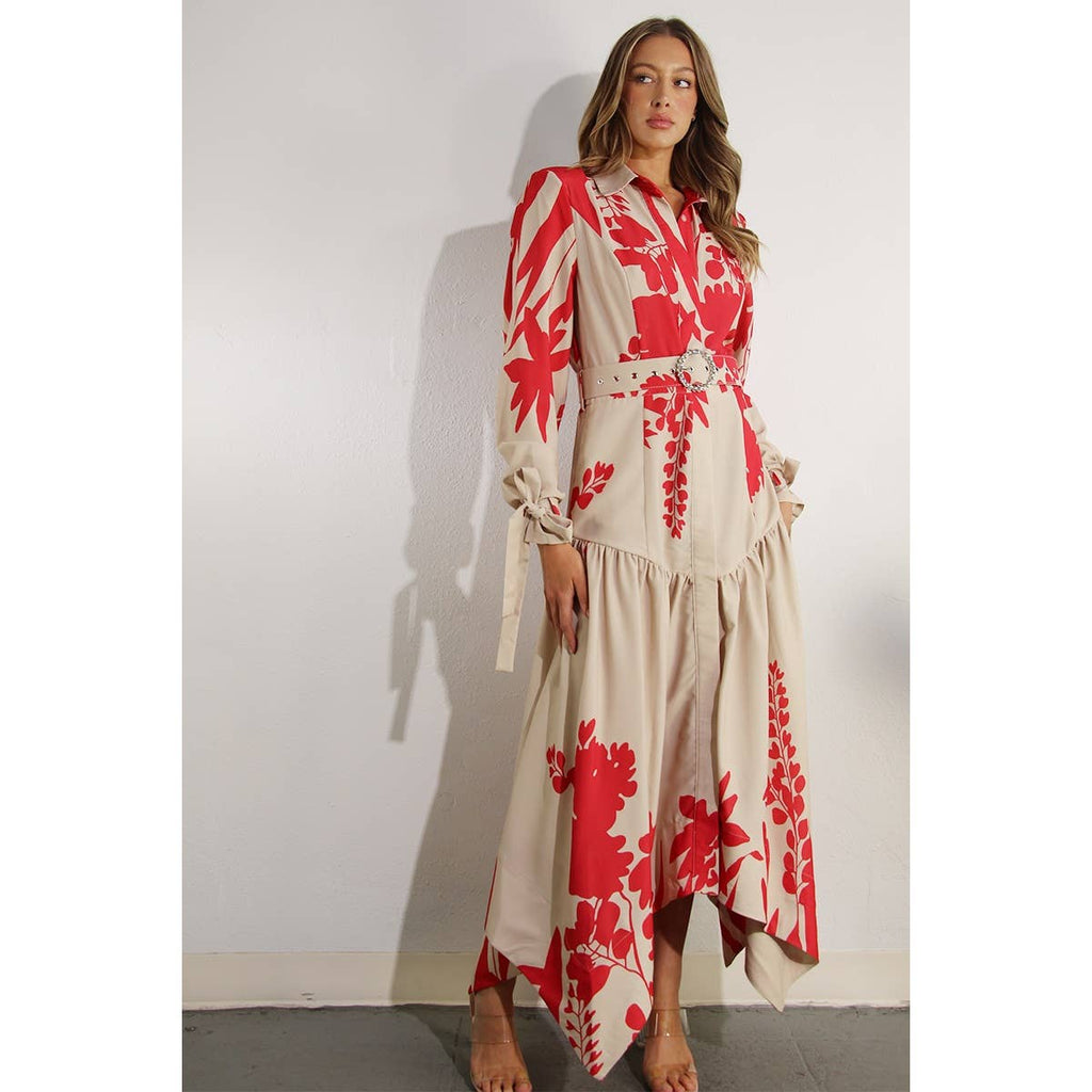 Print Uneven Belted Long Dress