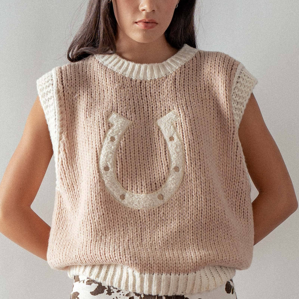 Western Horseshoe Crochet Knit Ribbed Trim Sweater Vest