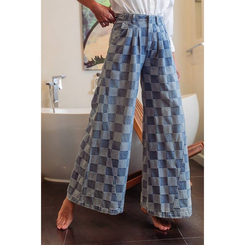 WASHED TWO TONE CHECKER WIDE PANTS