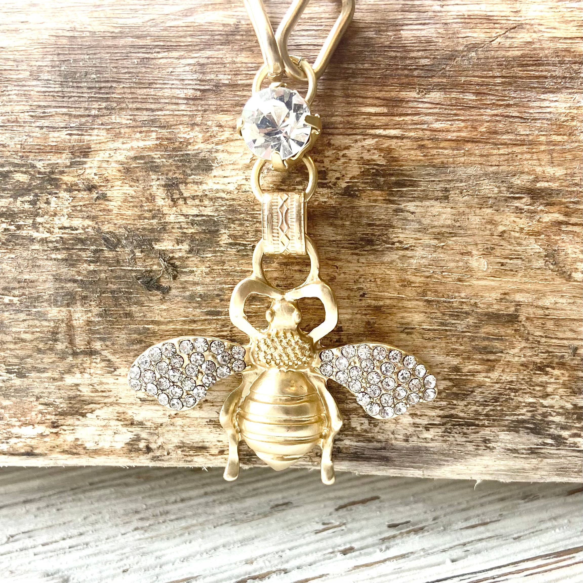 Bee Crystal Necklace Matte Gold Boutique Salon Jewelry