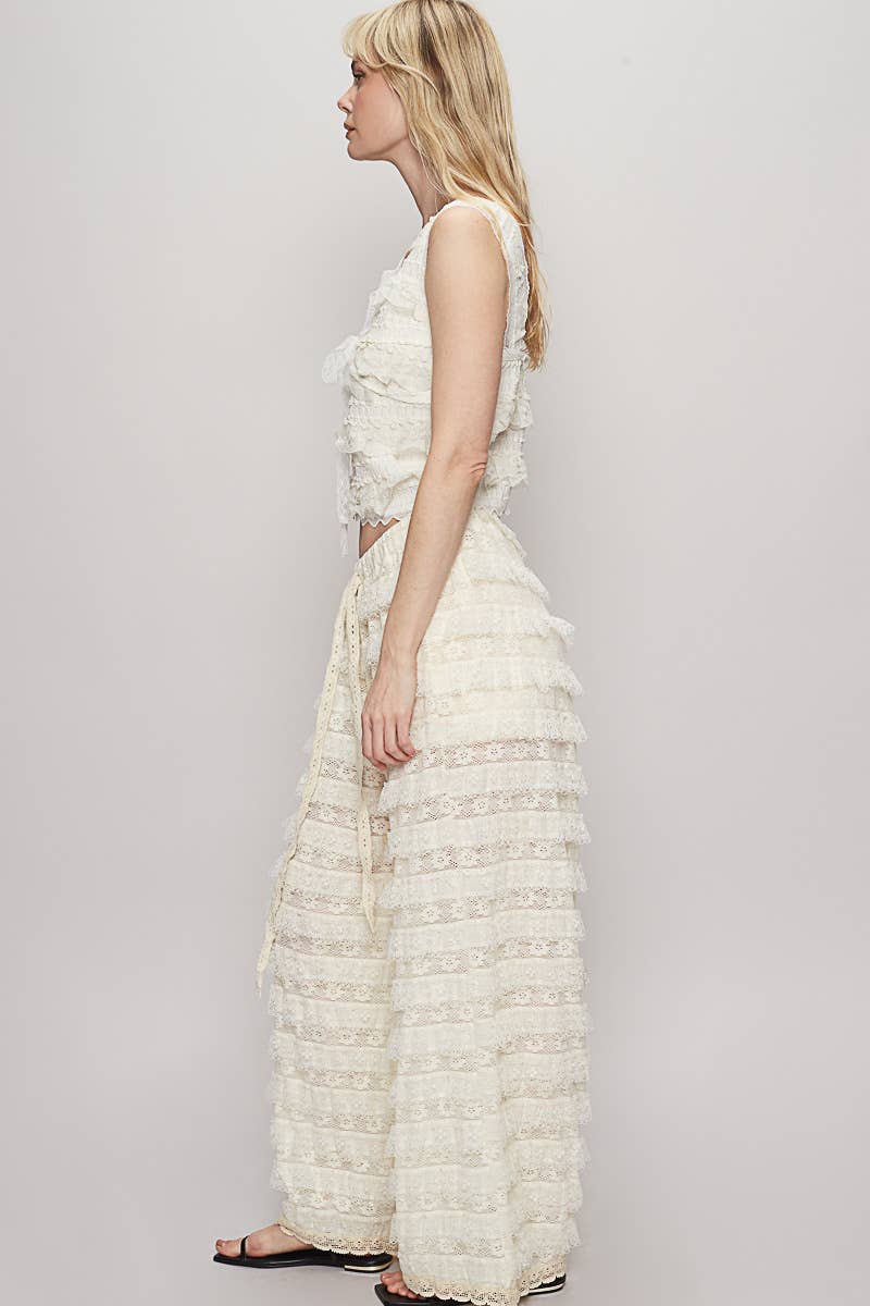 Solid lace trim detail woven wide pants