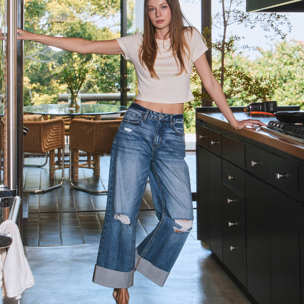 SUPER HIGH RISE DOUBLE CUFFED BAGGY WIDE JEANS