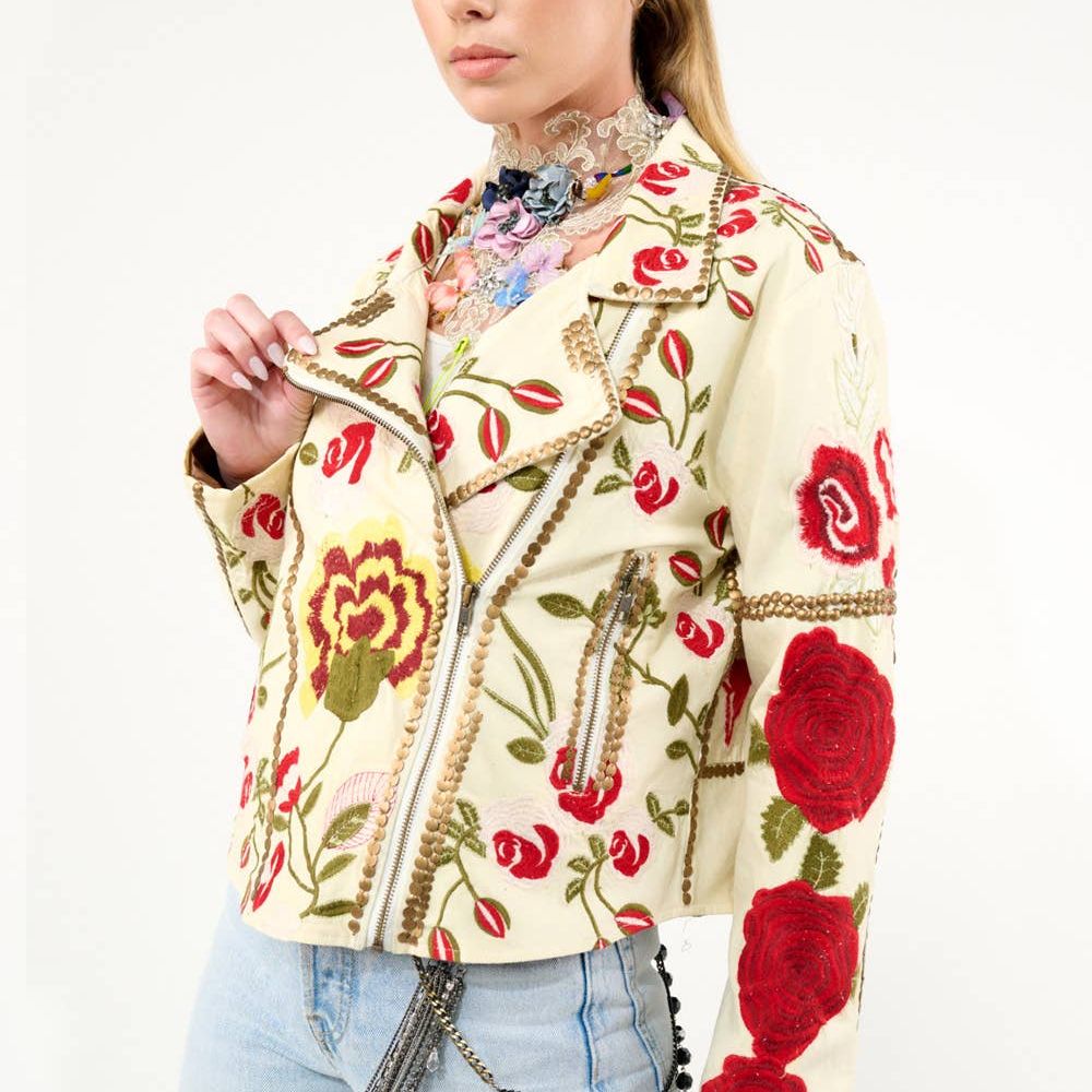Carmen Embroidered Denim Motorcycle Jacket
