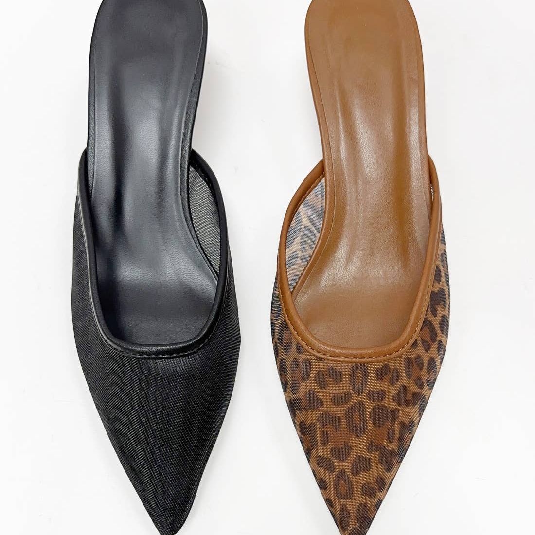 EXTANY MESH UPPER POINTED-TOE SLIP-ON MULE HEEL