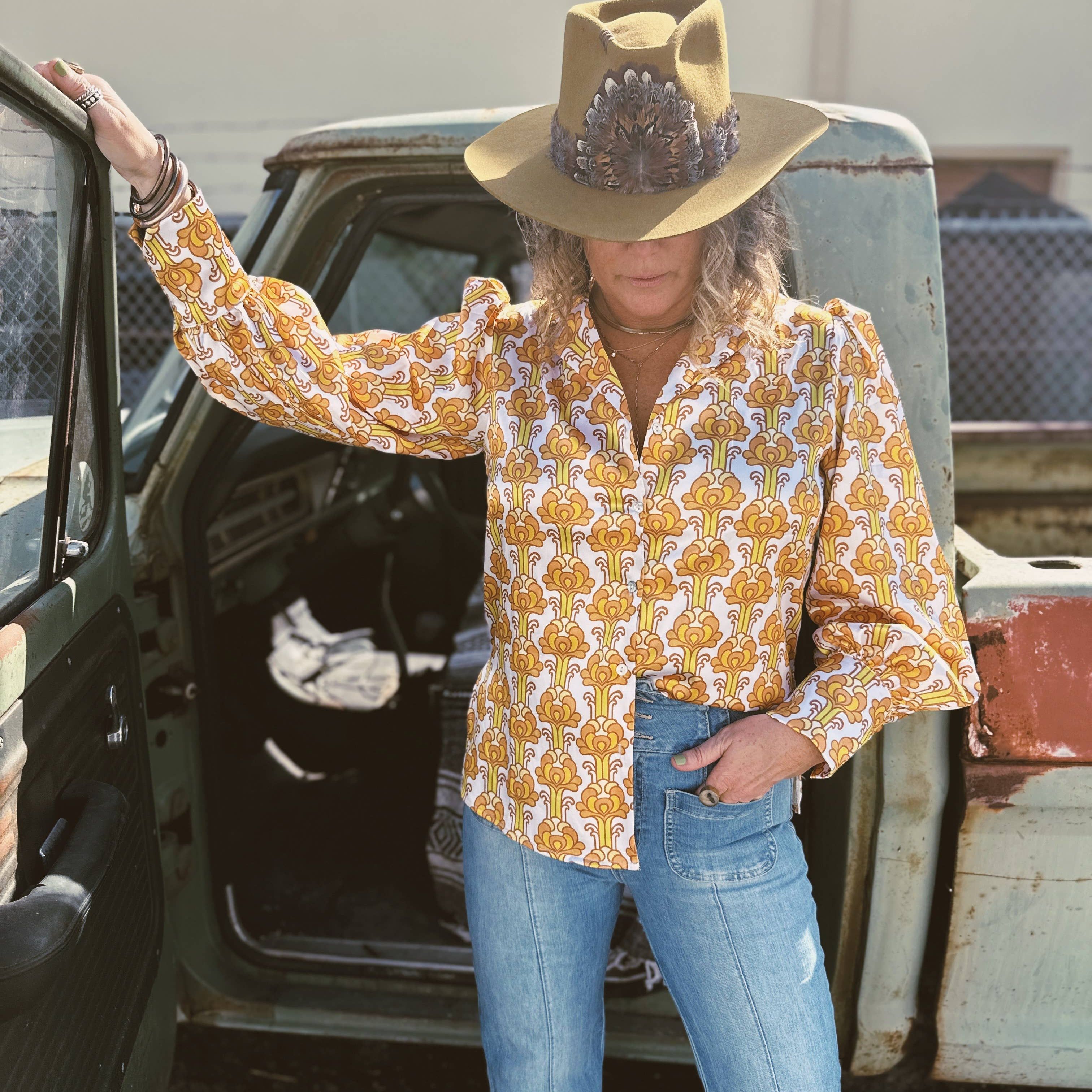 Streets of Gold Yellow Tulip Flower Pouf Sleeve Blouse