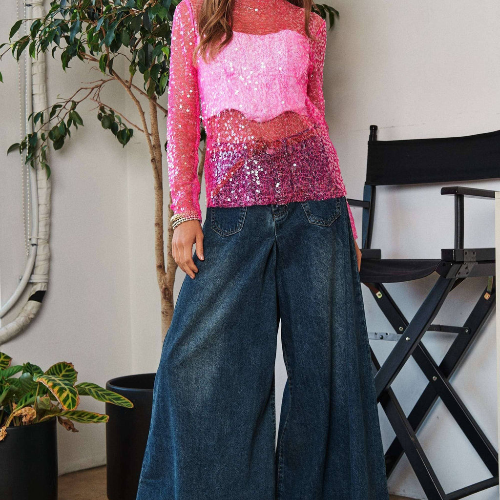 GLITTER SEQUIN LUREX LONG SLEEVE LACE MESH TOP