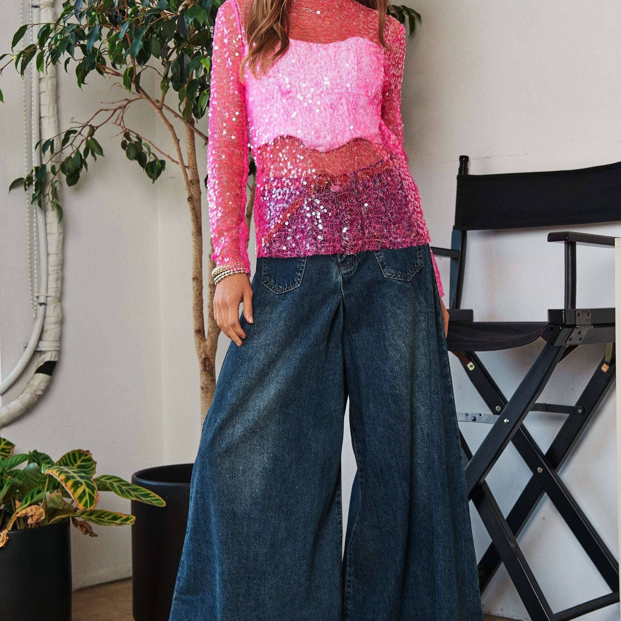 GLITTER SEQUIN LUREX LONG SLEEVE LACE MESH TOP
